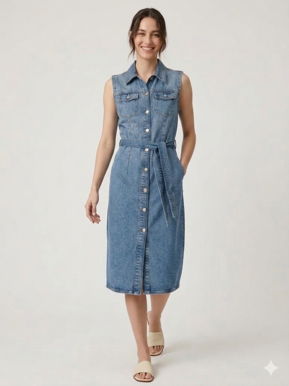 Zara TRF Sleeveless Button-Down Belted Denim Midi Dress Large